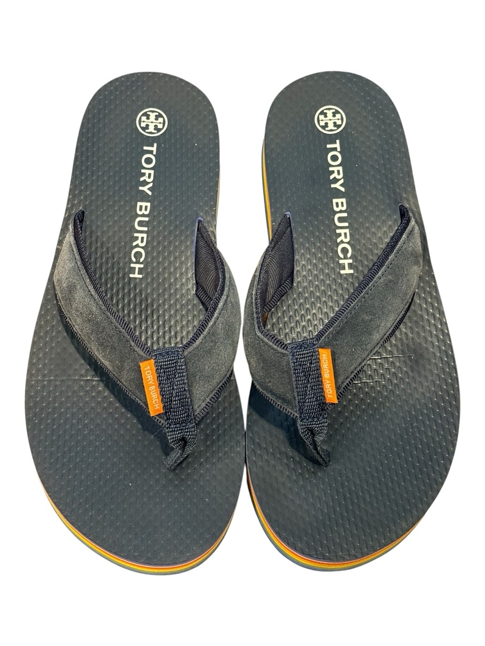 Tory Burch 70's Logo Navy Platform Flip Flops Suede Rainbow 8